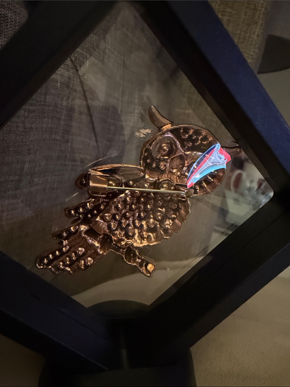 Rhinestone Owl Brooch with Blue Crystals - Picture 3 of 5